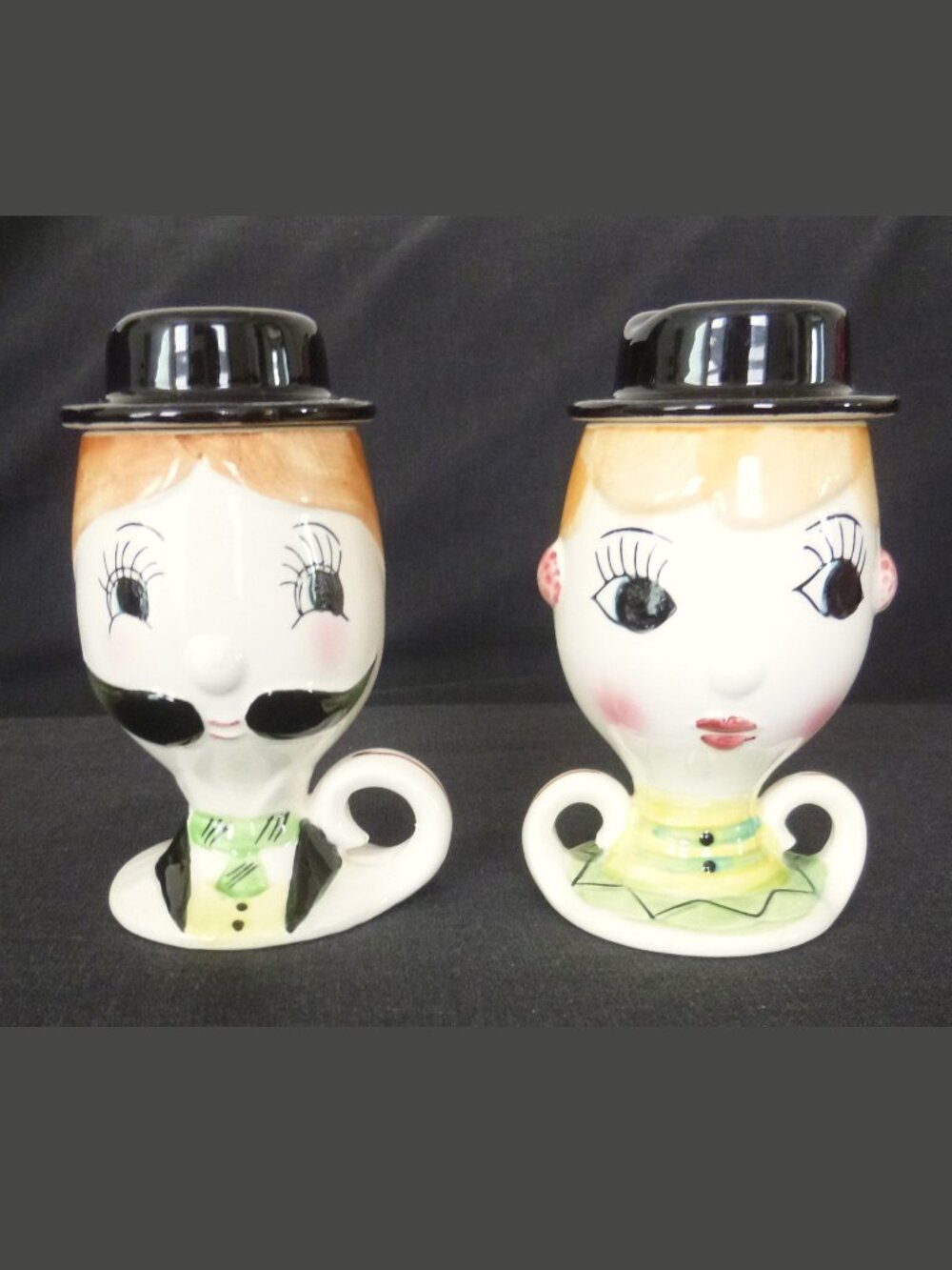 Vintage Ceramic Novelty MIJ Set of 2 Cups Mugs with Lids Man Woman Mom Dad Japan